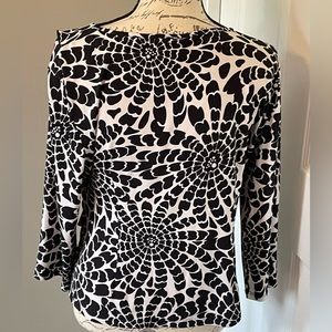 Chapter One 3/4 Sleeve Black/White Floral Print Wrap Front Blouse Flutter Trim
